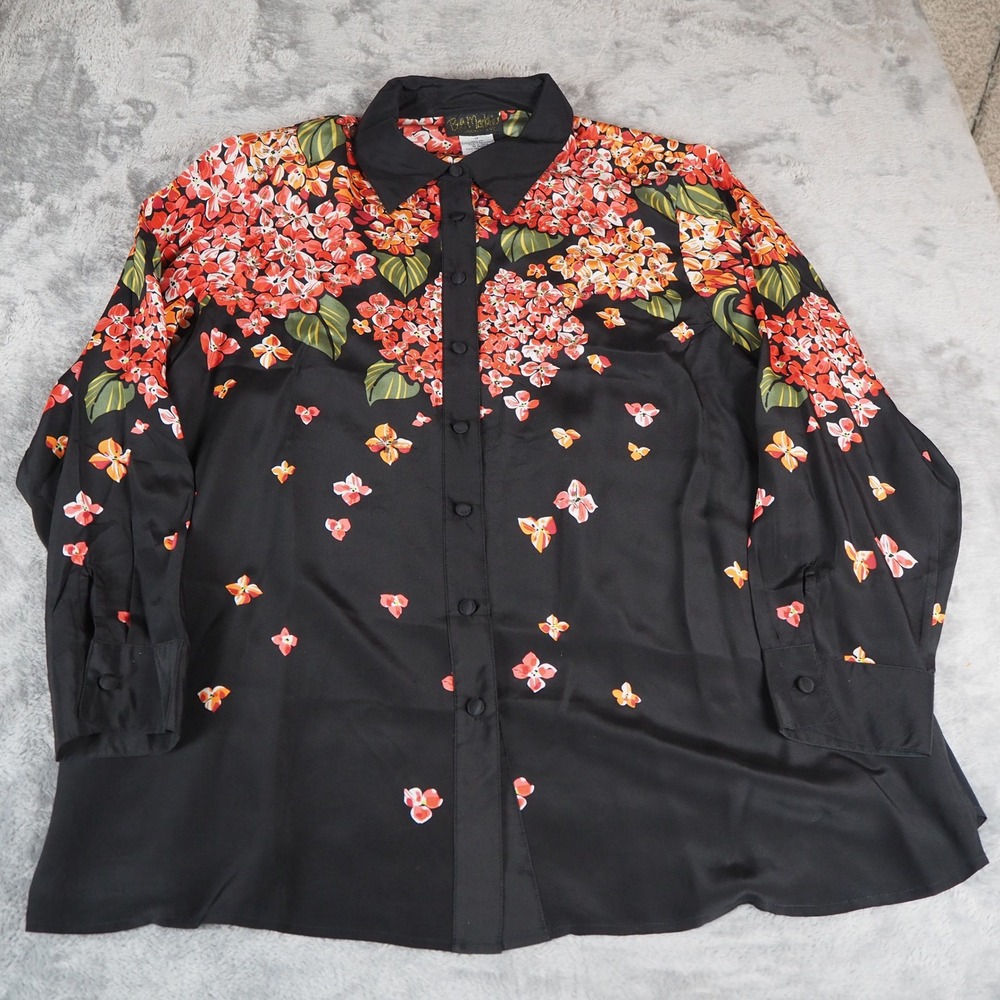 Bob Mackie Wearable Art 100% Silk Button Up Womens 1X Black Floral Beaded Blouse